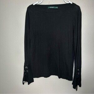 Lauren Ralph Lauren black lace up bell sleeve boat neck knit sweater size medium